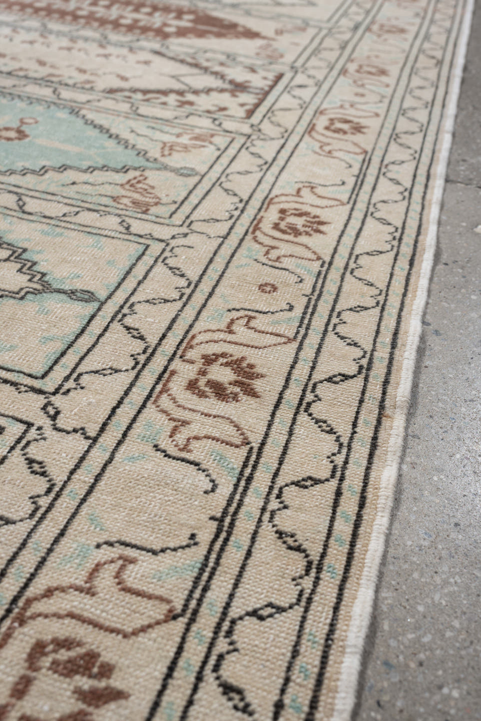 3' x 9' one-of-a-kind handmade antique Kaisary runner rug. Color palette: ivory, taupe, pale aqua, terracotta, camel