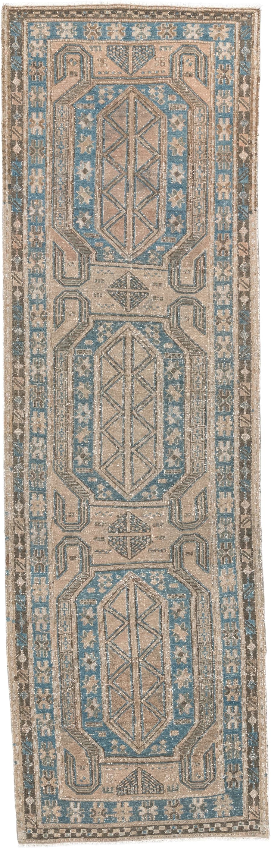 3' x 10' one-of-a-kind handmade vintage Sumak runner rug. Color palette: ivory, sky blue, taupe, charcoal, beige, slate