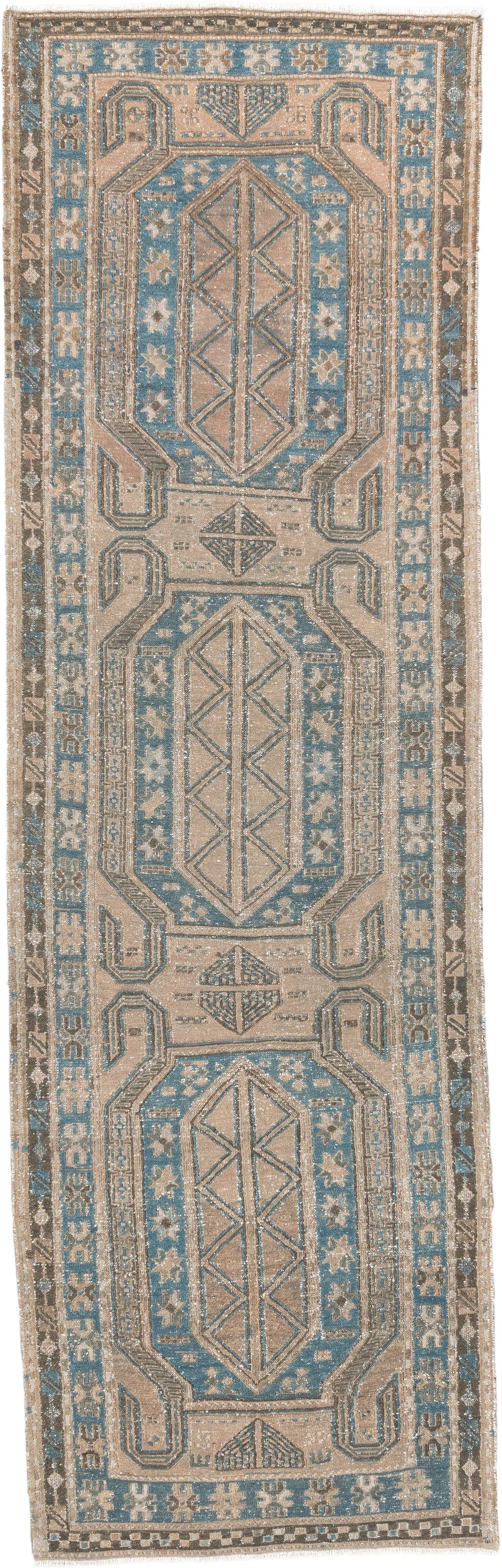 3' x 10' one-of-a-kind handmade vintage Sumak runner rug. Color palette: ivory, sky blue, taupe, charcoal, beige, slate