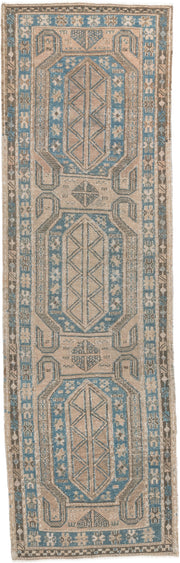 3' x 10' one-of-a-kind handmade vintage Sumak runner rug. Color palette: ivory, sky blue, taupe, charcoal, beige, slate