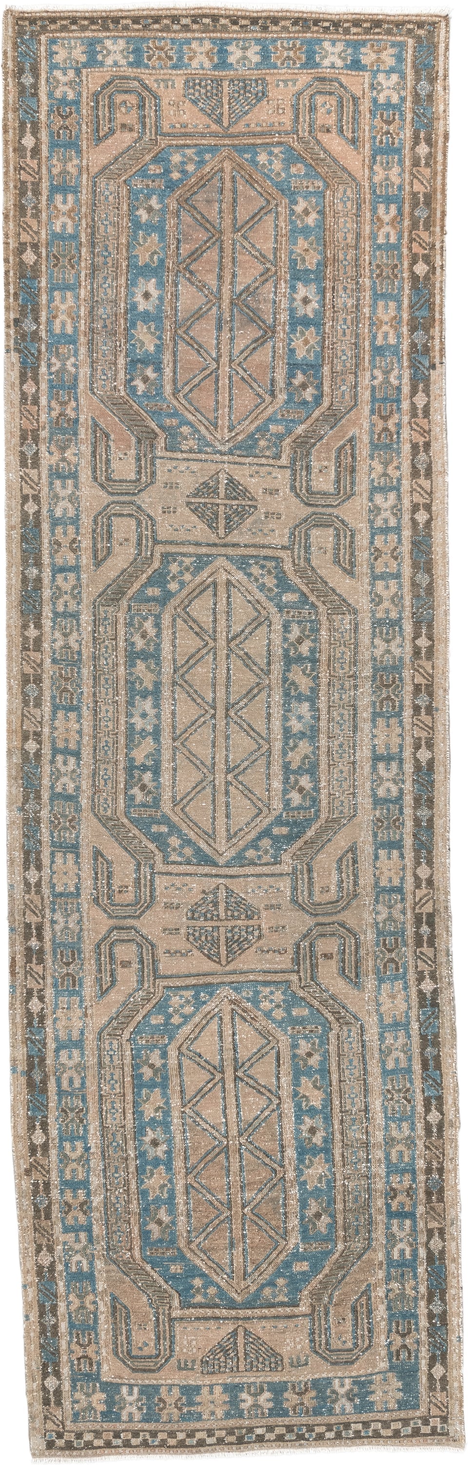 3' x 10' one-of-a-kind handmade vintage Sumak runner rug. Color palette: ivory, sky blue, taupe, charcoal, beige, slate