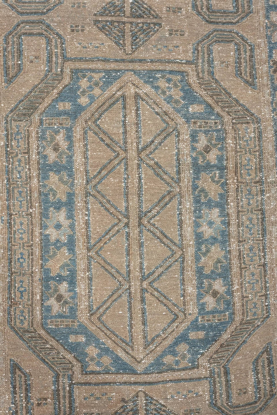 3' x 10' one-of-a-kind handmade vintage Sumak runner rug. Color palette: ivory, sky blue, taupe, charcoal, beige, slate