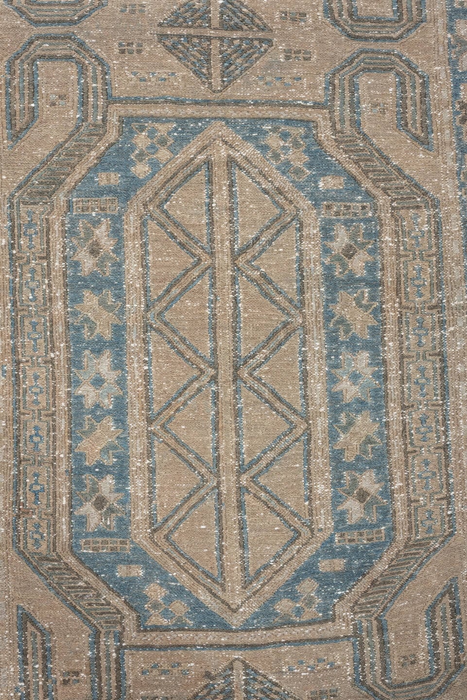 3' x 10' one-of-a-kind handmade vintage Sumak runner rug. Color palette: ivory, sky blue, taupe, charcoal, beige, slate