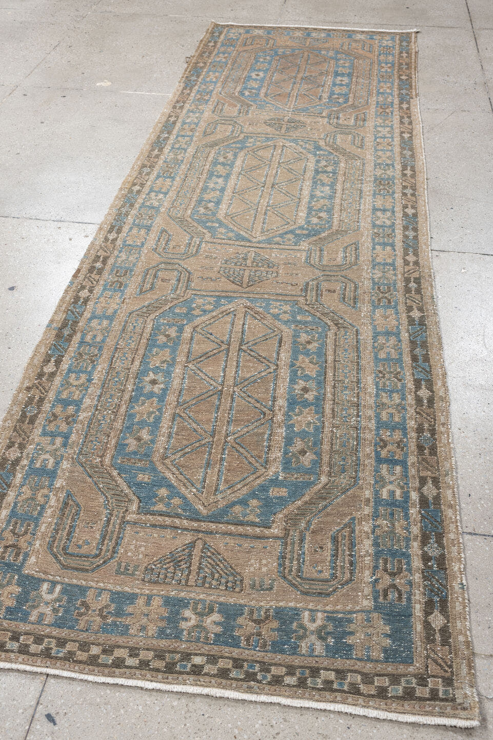 3' x 10' one-of-a-kind handmade vintage Sumak runner rug. Color palette: ivory, sky blue, taupe, charcoal, beige, slate