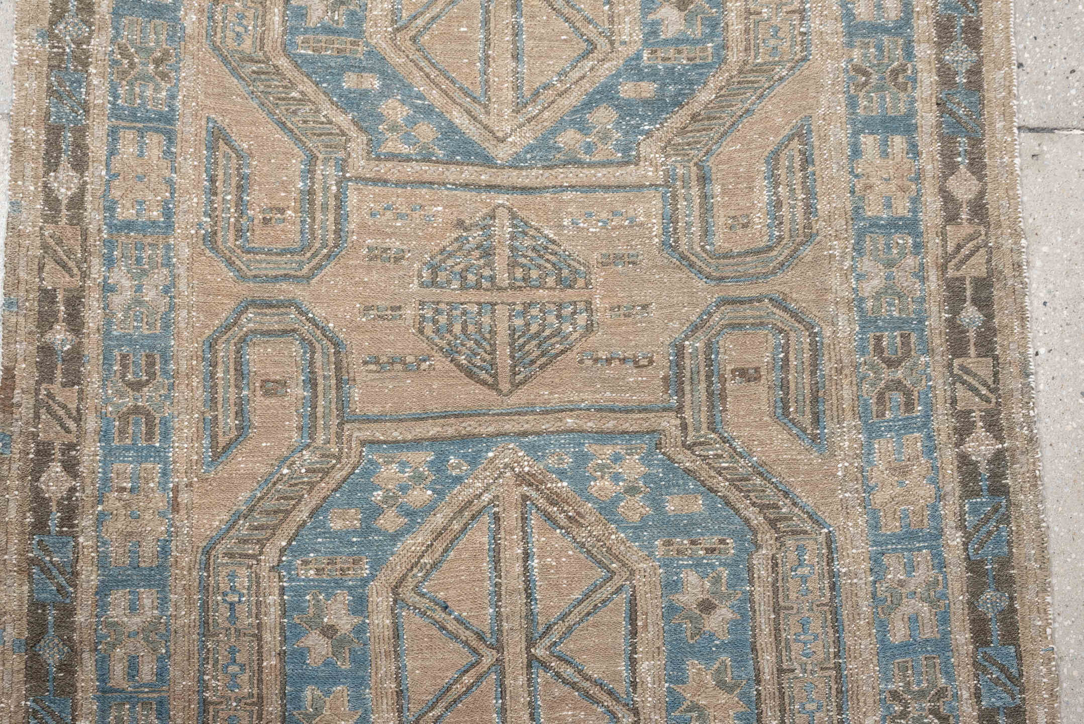 3' x 10' one-of-a-kind handmade vintage Sumak runner rug. Color palette: ivory, sky blue, taupe, charcoal, beige, slate