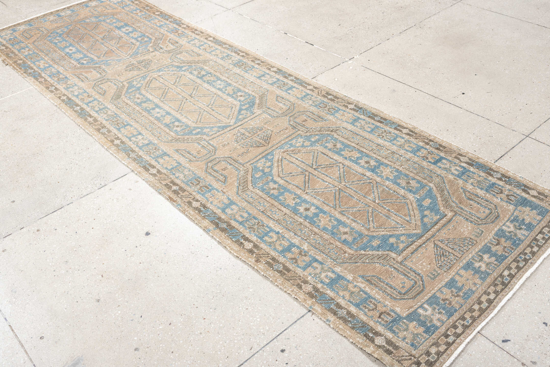 3' x 10' one-of-a-kind handmade vintage Sumak runner rug. Color palette: ivory, sky blue, taupe, charcoal, beige, slate