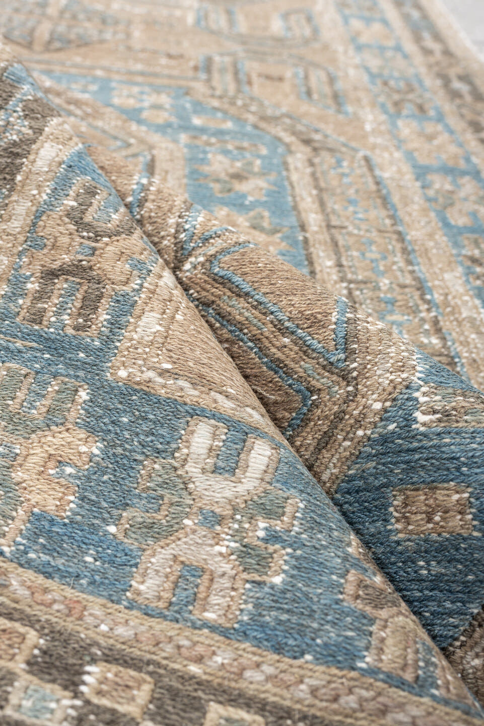 3' x 10' one-of-a-kind handmade vintage Sumak runner rug. Color palette: ivory, sky blue, taupe, charcoal, beige, slate