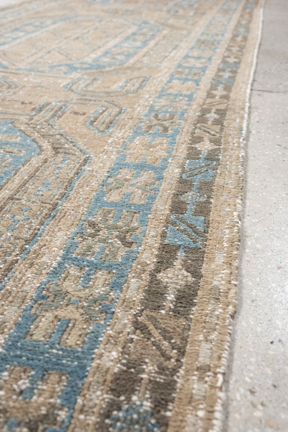 3' x 10' one-of-a-kind handmade vintage Sumak runner rug. Color palette: ivory, sky blue, taupe, charcoal, beige, slate
