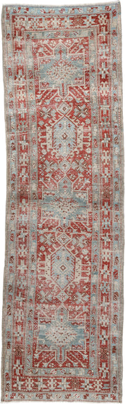 3' x 10' one-of-a-kind handmade vintage Heriz runner rug. Color palette: pale blue, terracotta, ivory, brick red, taupe