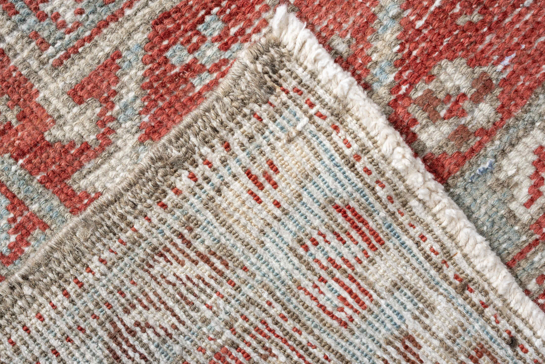 3' x 10' one-of-a-kind handmade vintage Heriz runner rug. Color palette: pale blue, terracotta, ivory, brick red, taupe