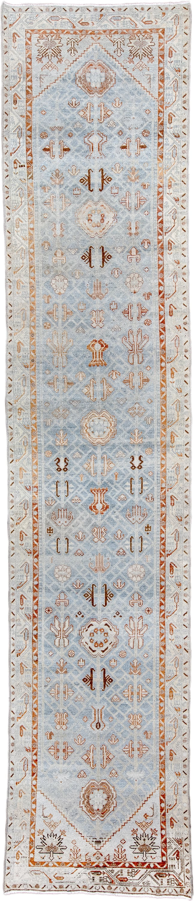 3' x 15' one-of-a-kind handmade antique Malayer runner rug. Color palette: ivory, pale blue, rust, camel, taupe, soft brown