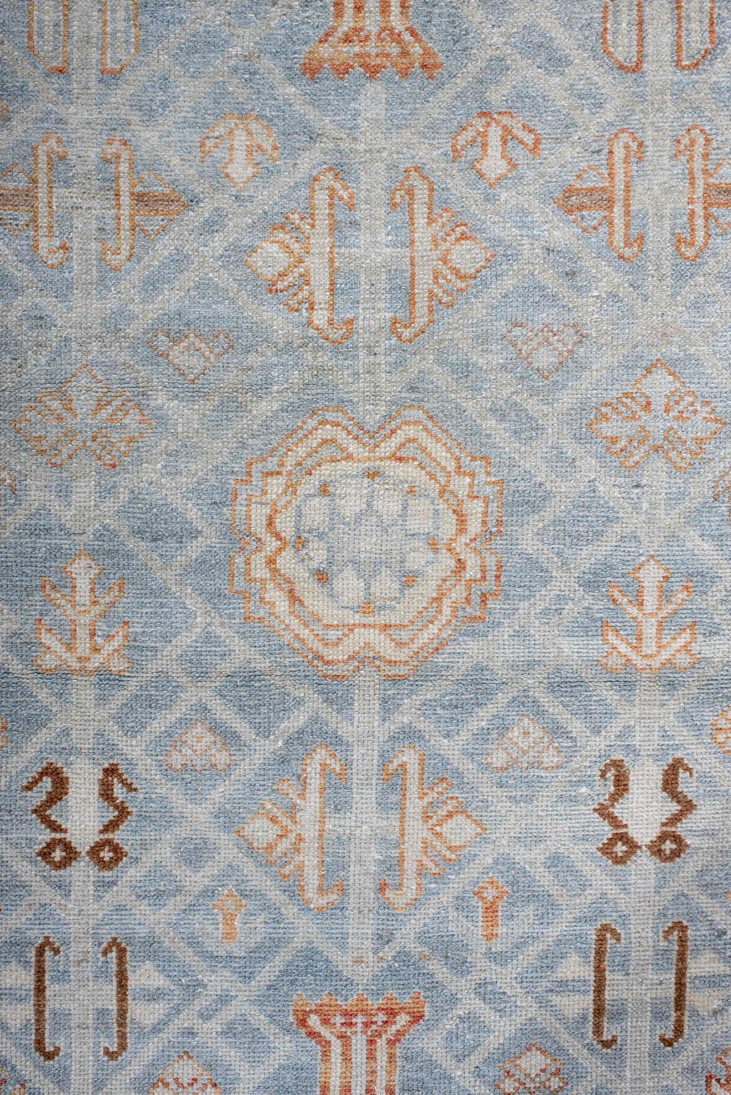 3' x 15' one-of-a-kind handmade antique Malayer runner rug. Color palette: ivory, pale blue, rust, camel, taupe, soft brown