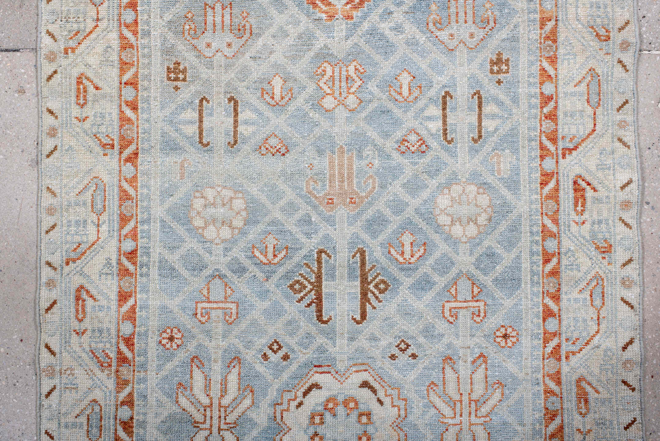3' x 15' one-of-a-kind handmade antique Malayer runner rug. Color palette: ivory, pale blue, rust, camel, taupe, soft brown