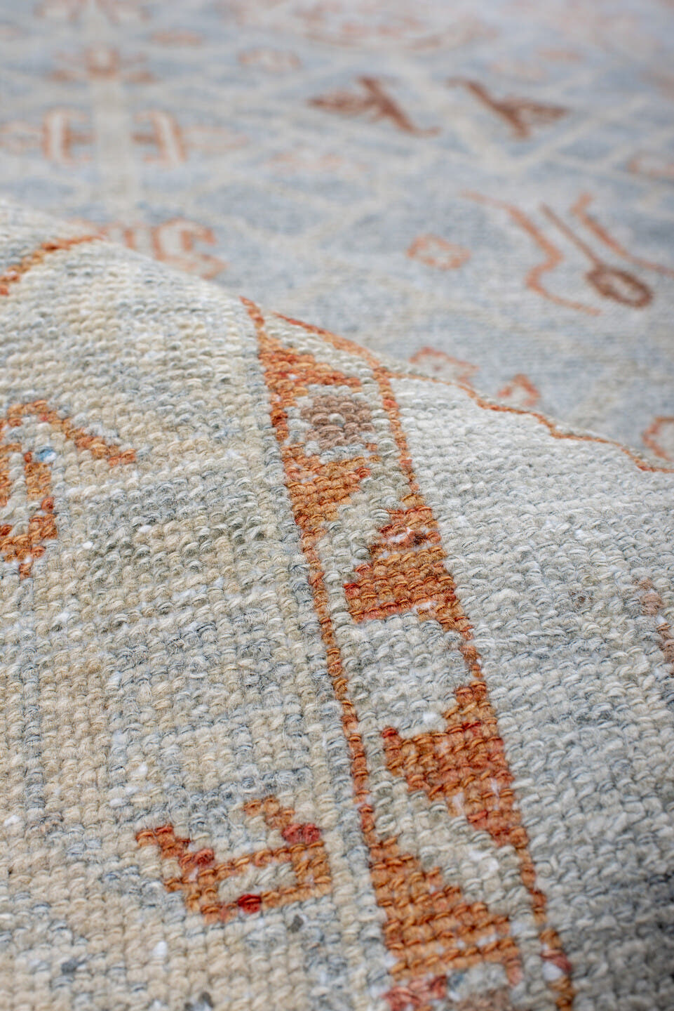 3' x 15' one-of-a-kind handmade antique Malayer runner rug. Color palette: ivory, pale blue, rust, camel, taupe, soft brown