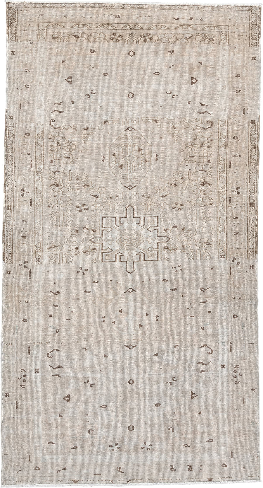 6' x 3' one-of-a-kind handmade vintage Karaje rug. Color palette: ivory, taupe, beige, camel, brown, gray