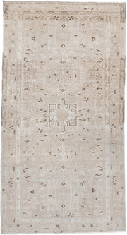 6' x 3' one-of-a-kind handmade vintage Karaje rug. Color palette: ivory, taupe, beige, camel, brown, gray