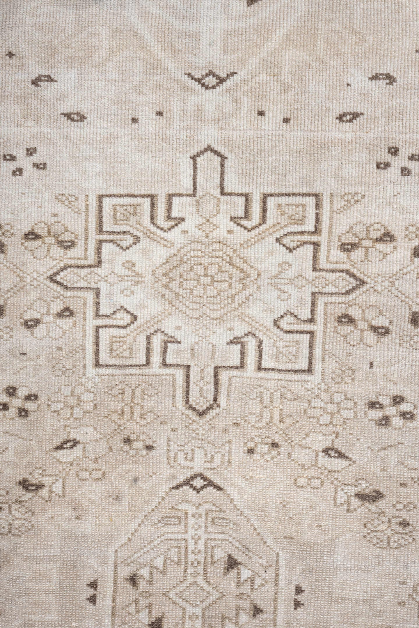 6' x 3' one-of-a-kind handmade vintage Karaje rug. Color palette: ivory, taupe, beige, camel, brown, gray