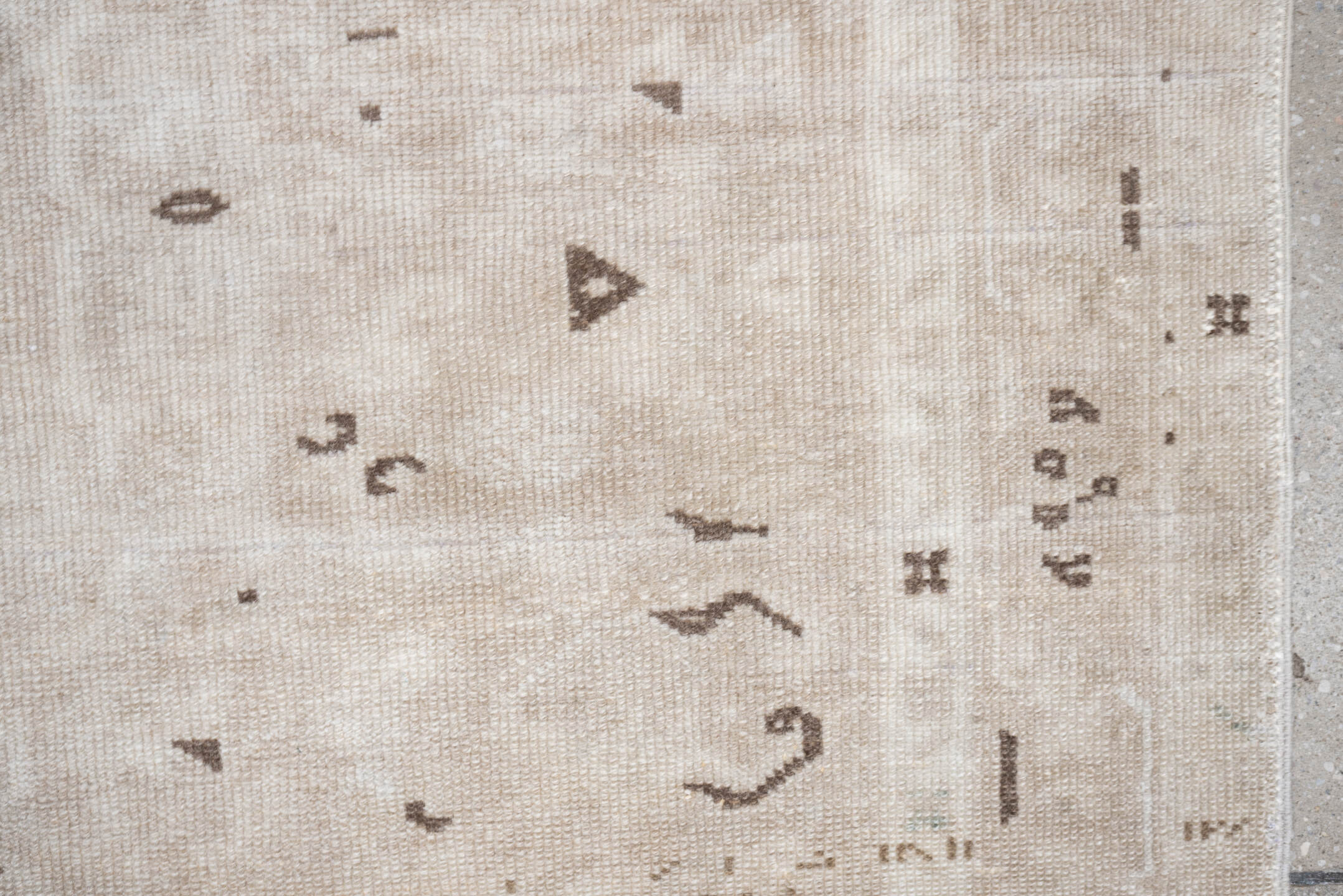 6' x 3' one-of-a-kind handmade vintage Karaje rug. Color palette: ivory, taupe, beige, camel, brown, gray