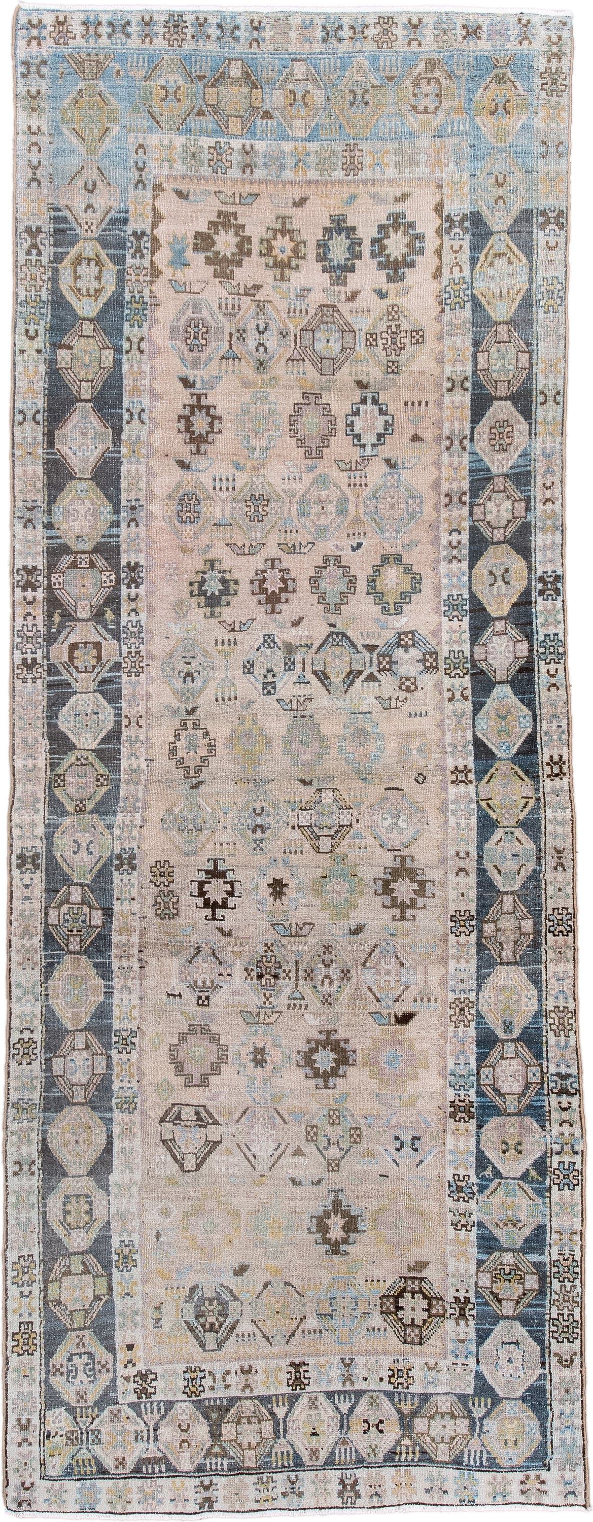 4' x 10' one-of-a-kind handmade antique Hamadan runner rug. Color palette: ivory, pale blue, slate, taupe, camel, charcoal