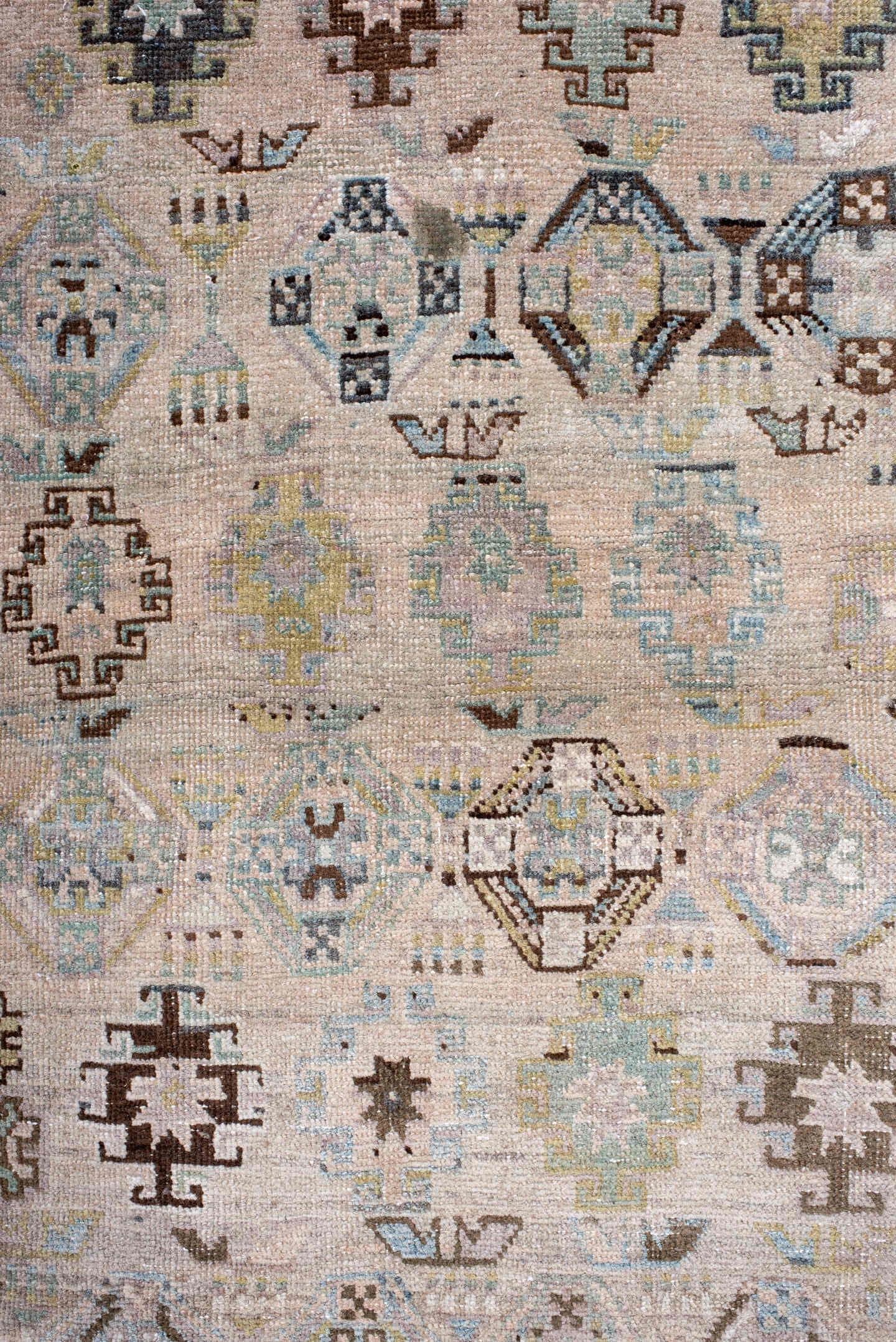 4' x 10' one-of-a-kind handmade antique Hamadan runner rug. Color palette: ivory, pale blue, slate, taupe, camel, charcoal