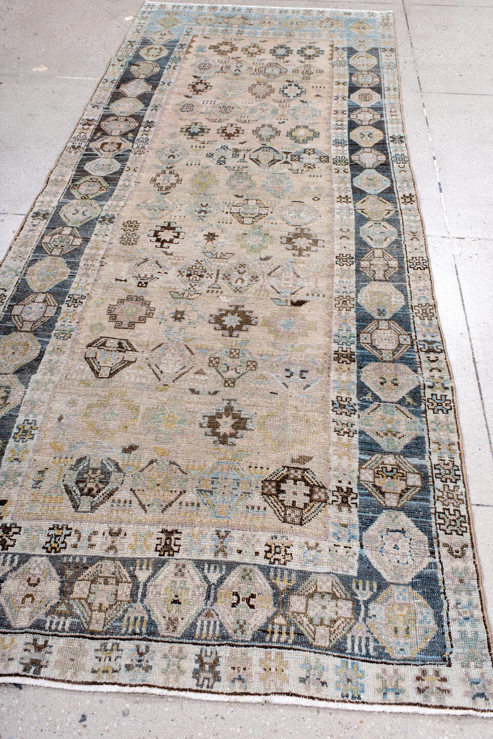 4' x 10' one-of-a-kind handmade antique Hamadan runner rug. Color palette: ivory, pale blue, slate, taupe, camel, charcoal