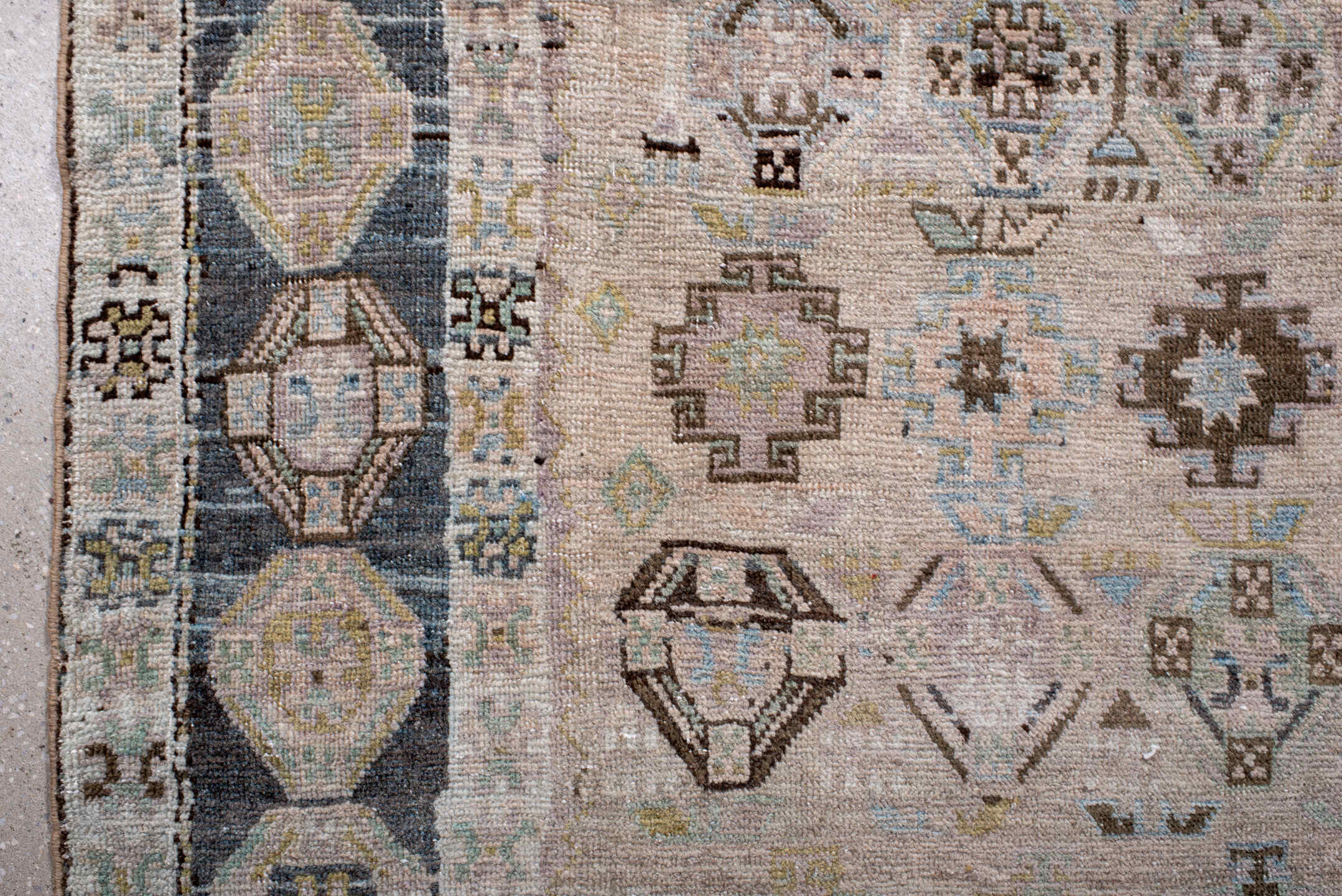 4' x 10' one-of-a-kind handmade antique Hamadan runner rug. Color palette: ivory, pale blue, slate, taupe, camel, charcoal