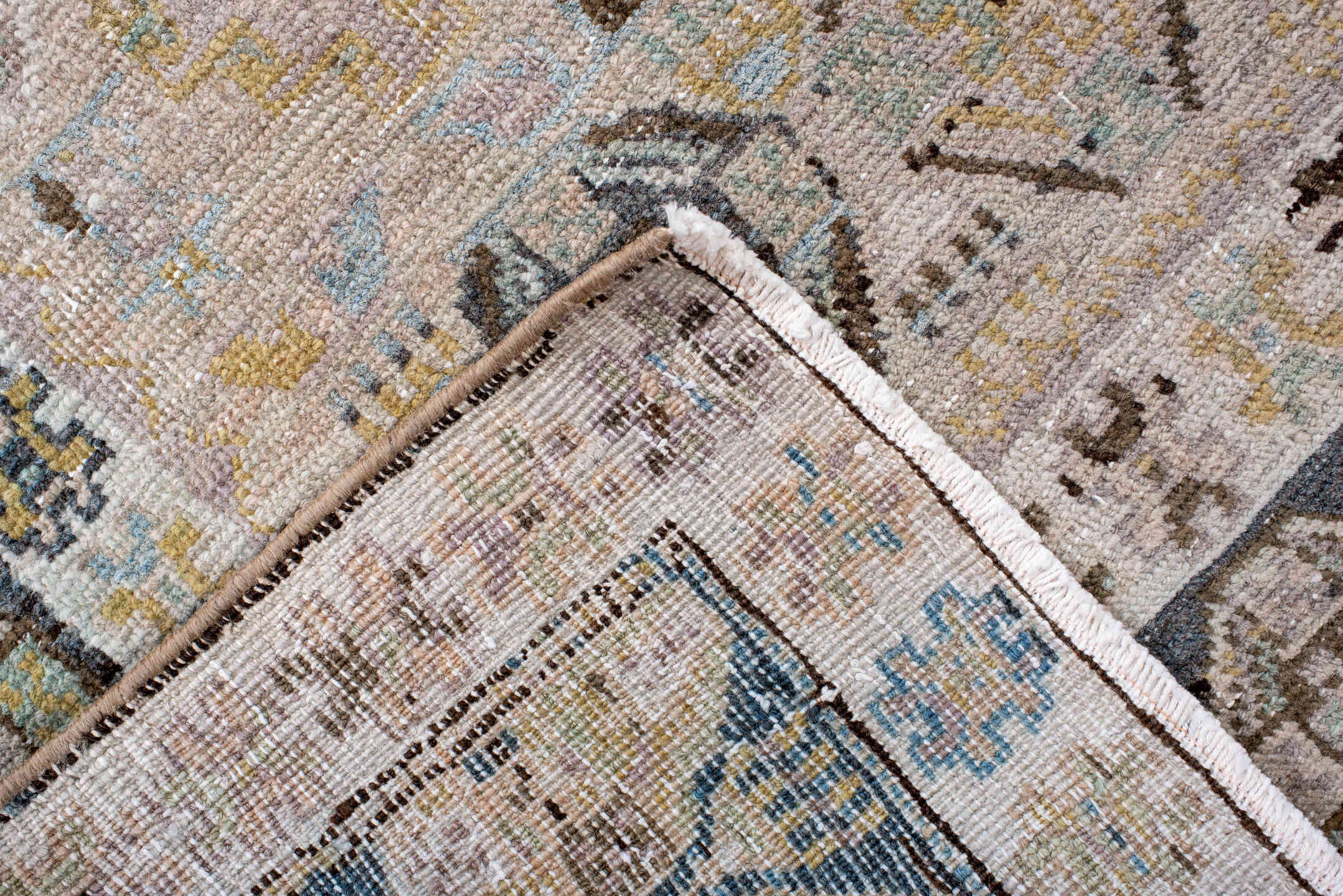 4' x 10' one-of-a-kind handmade antique Hamadan runner rug. Color palette: ivory, pale blue, slate, taupe, camel, charcoal