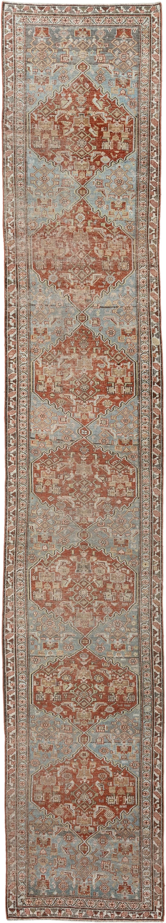 3' x 17' one-of-a-kind handmade vintage runner rug. Color palette: light blue, terracotta, ivory, taupe, camel, brown, beige
