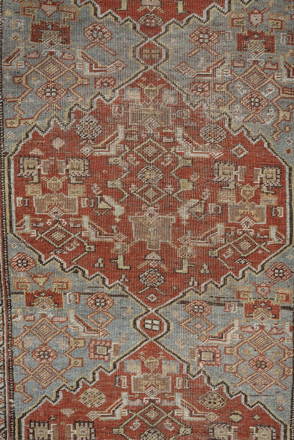 3' x 17' one-of-a-kind handmade vintage runner rug. Color palette: light blue, terracotta, ivory, taupe, camel, brown, beige