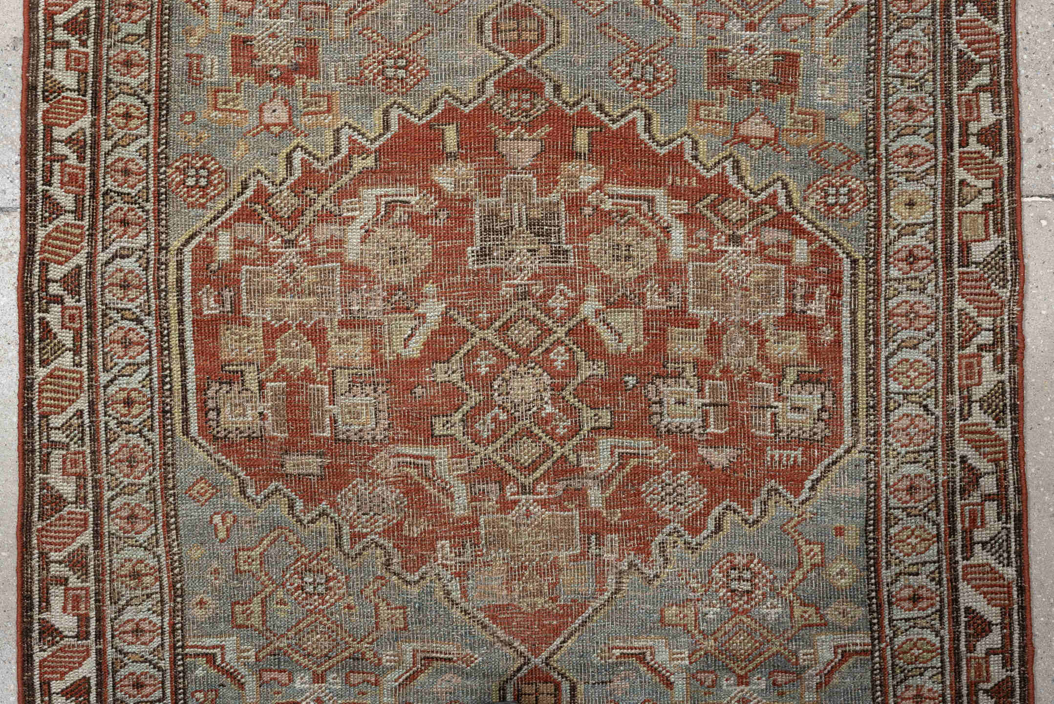 3' x 17' one-of-a-kind handmade vintage runner rug. Color palette: light blue, terracotta, ivory, taupe, camel, brown, beige