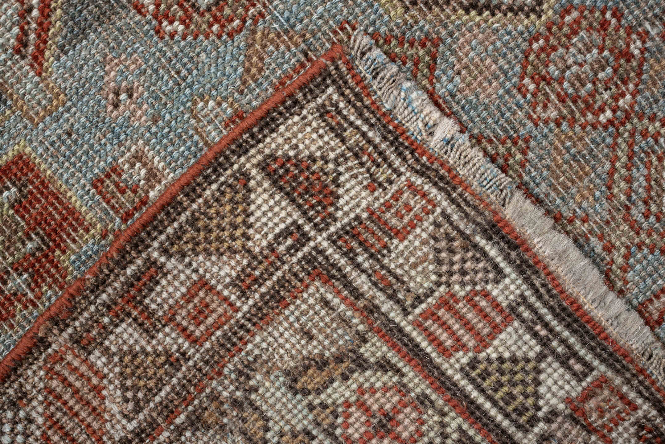 3' x 17' one-of-a-kind handmade vintage runner rug. Color palette: light blue, terracotta, ivory, taupe, camel, brown, beige