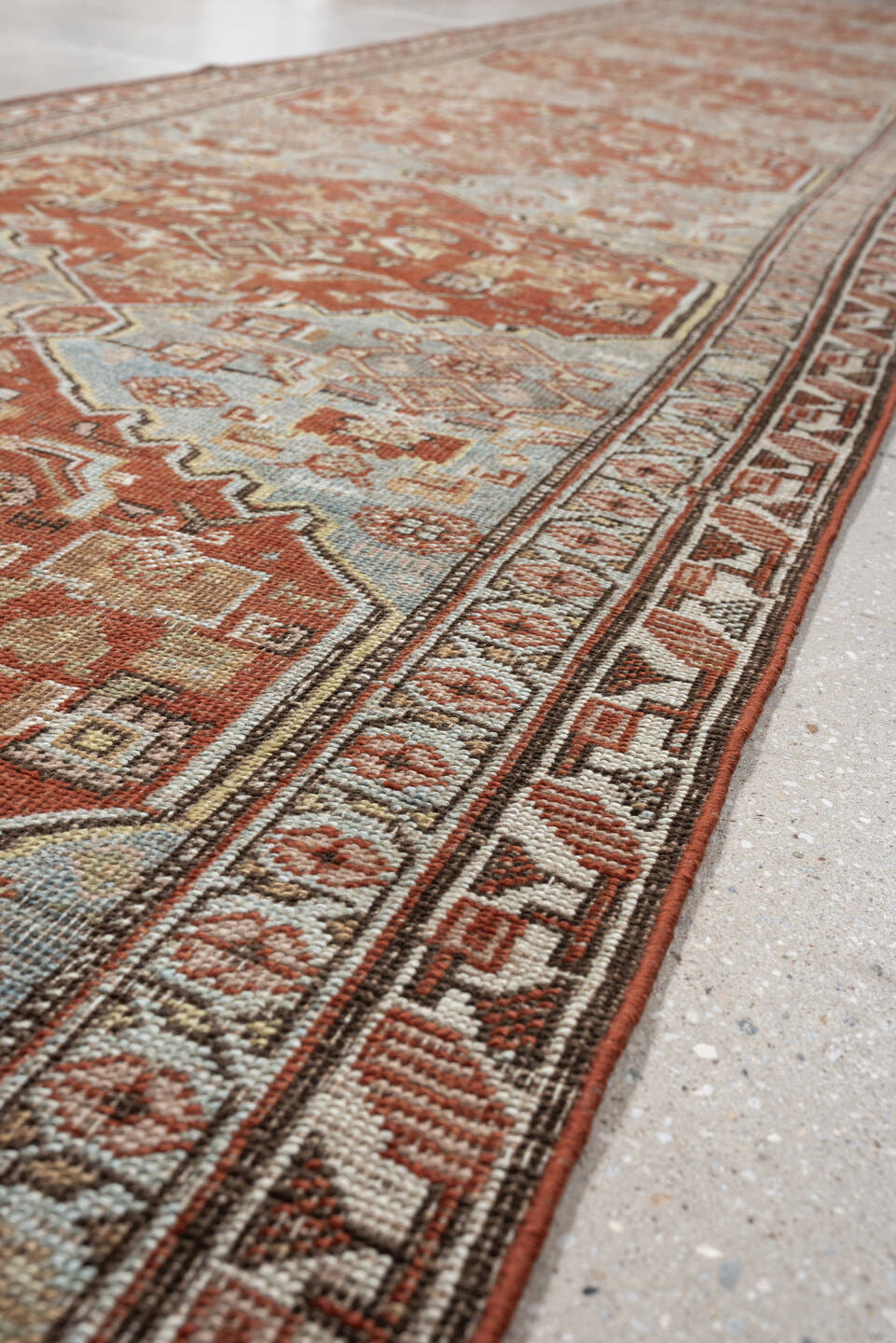 3' x 17' one-of-a-kind handmade vintage runner rug. Color palette: light blue, terracotta, ivory, taupe, camel, brown, beige
