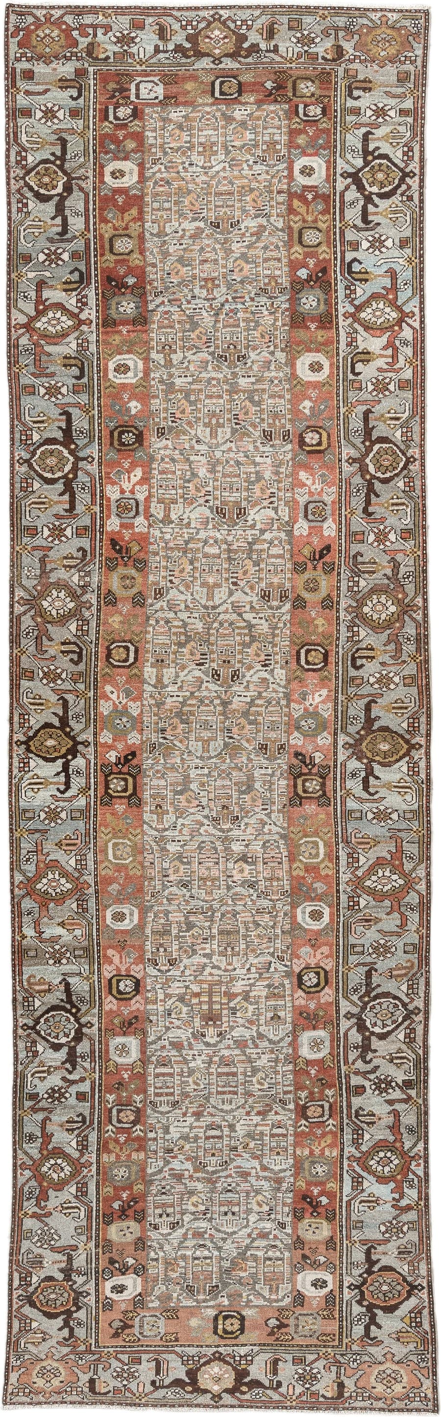 3' x 12' one-of-a-kind handmade antique Malayer runner rug. Color palette: ivory, rust, camel, taupe, brown, rose, charcoal
