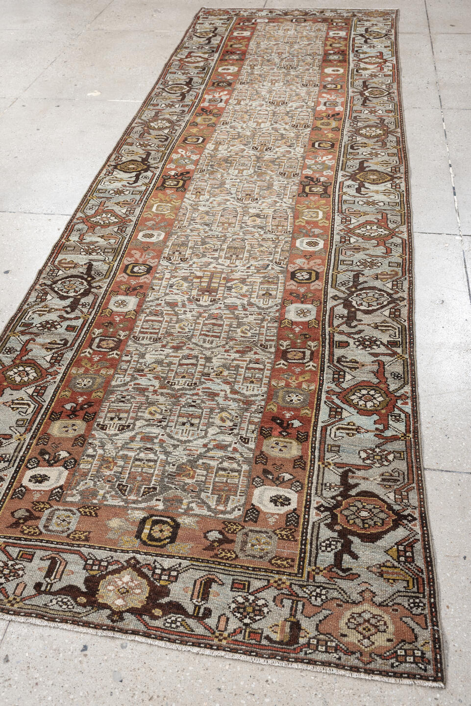 3' x 12' one-of-a-kind handmade antique Malayer runner rug. Color palette: ivory, rust, camel, taupe, brown, rose, charcoal