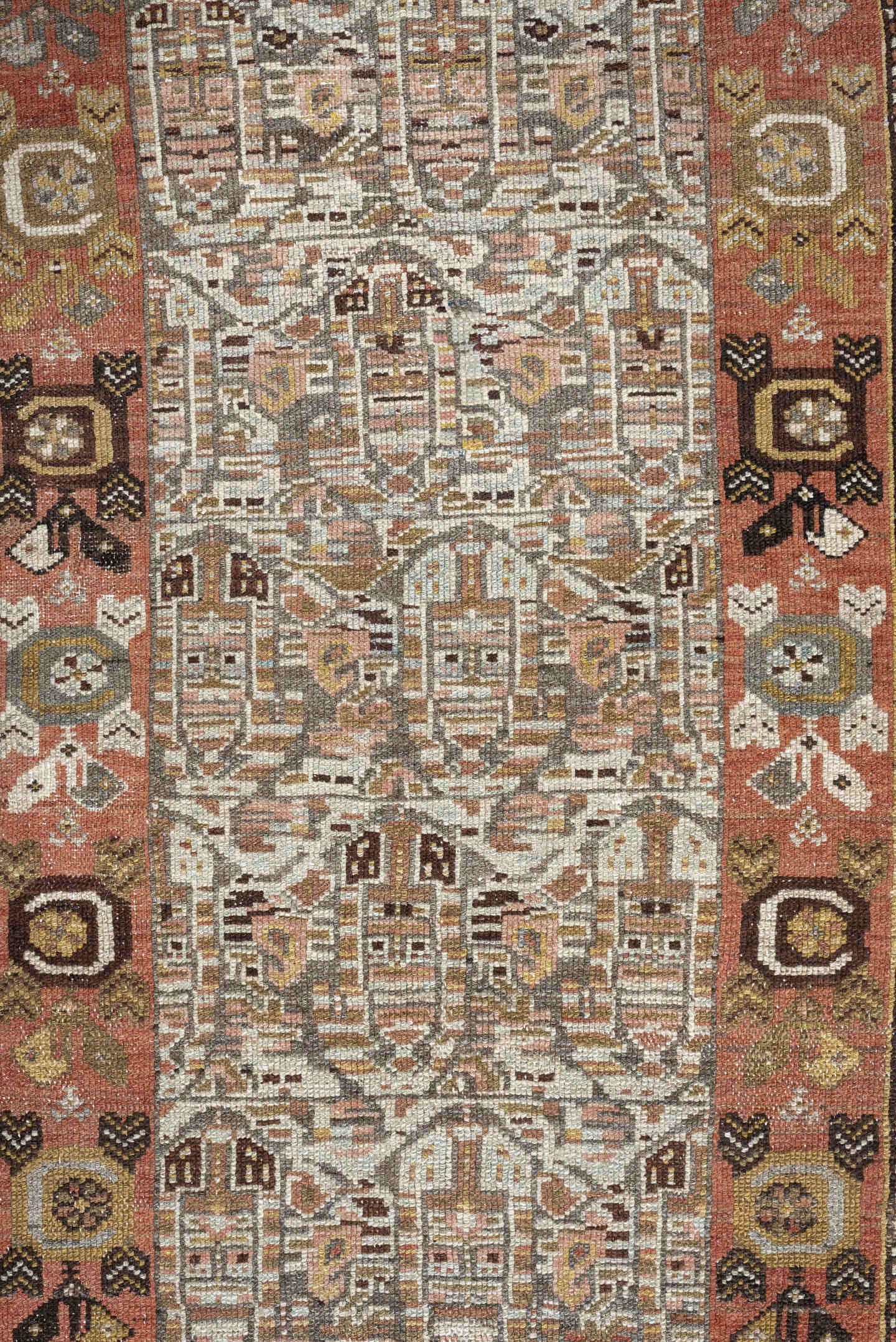 3' x 12' one-of-a-kind handmade antique Malayer runner rug. Color palette: ivory, rust, camel, taupe, brown, rose, charcoal