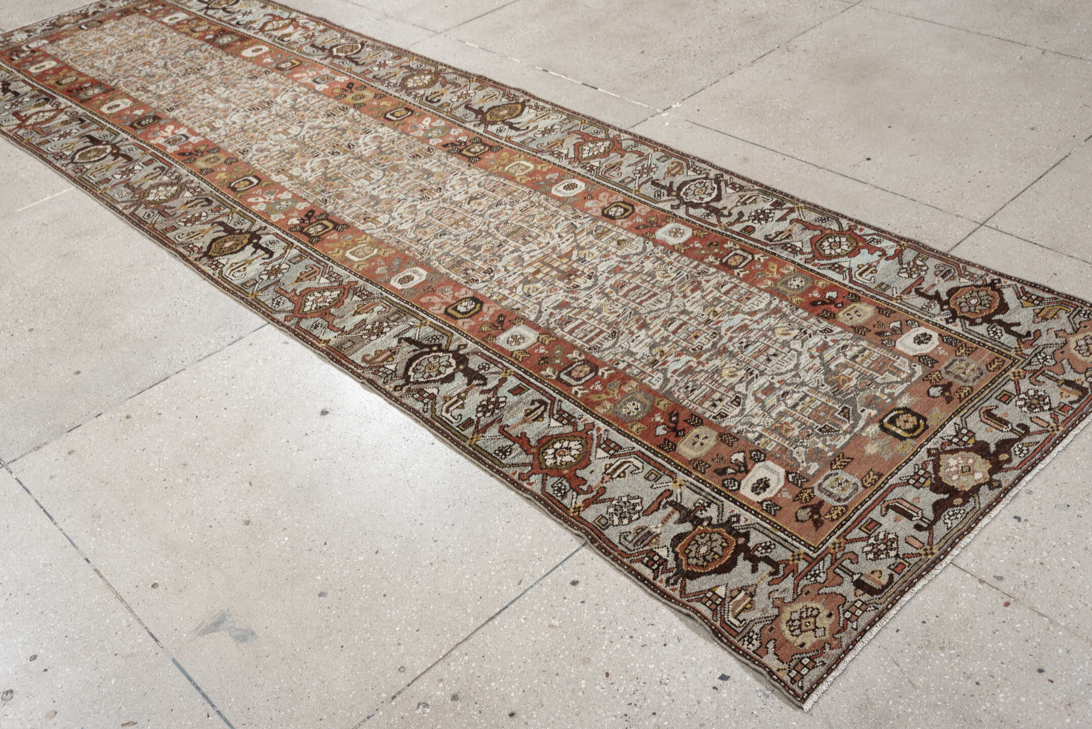 3' x 12' one-of-a-kind handmade antique Malayer runner rug. Color palette: ivory, rust, camel, taupe, brown, rose, charcoal