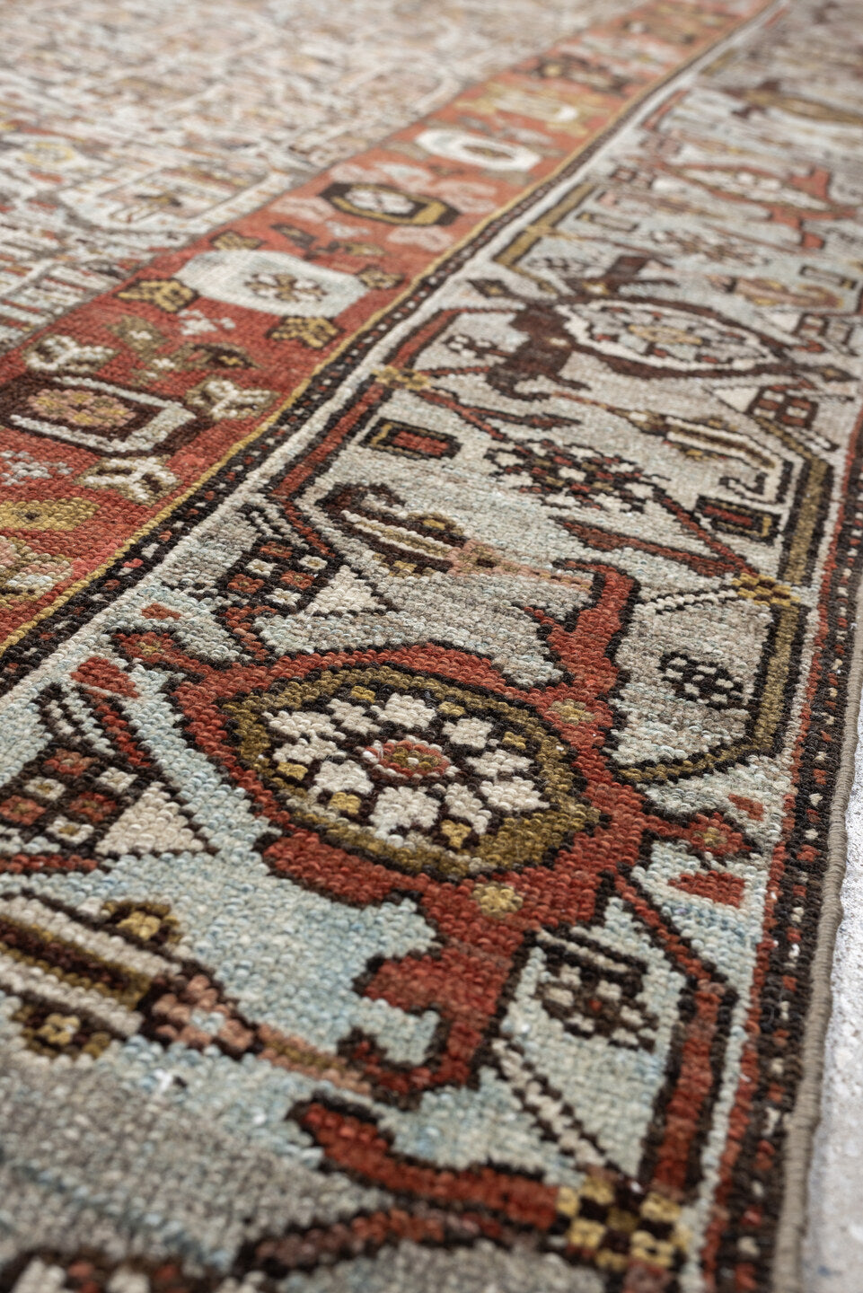 3' x 12' one-of-a-kind handmade antique Malayer runner rug. Color palette: ivory, rust, camel, taupe, brown, rose, charcoal