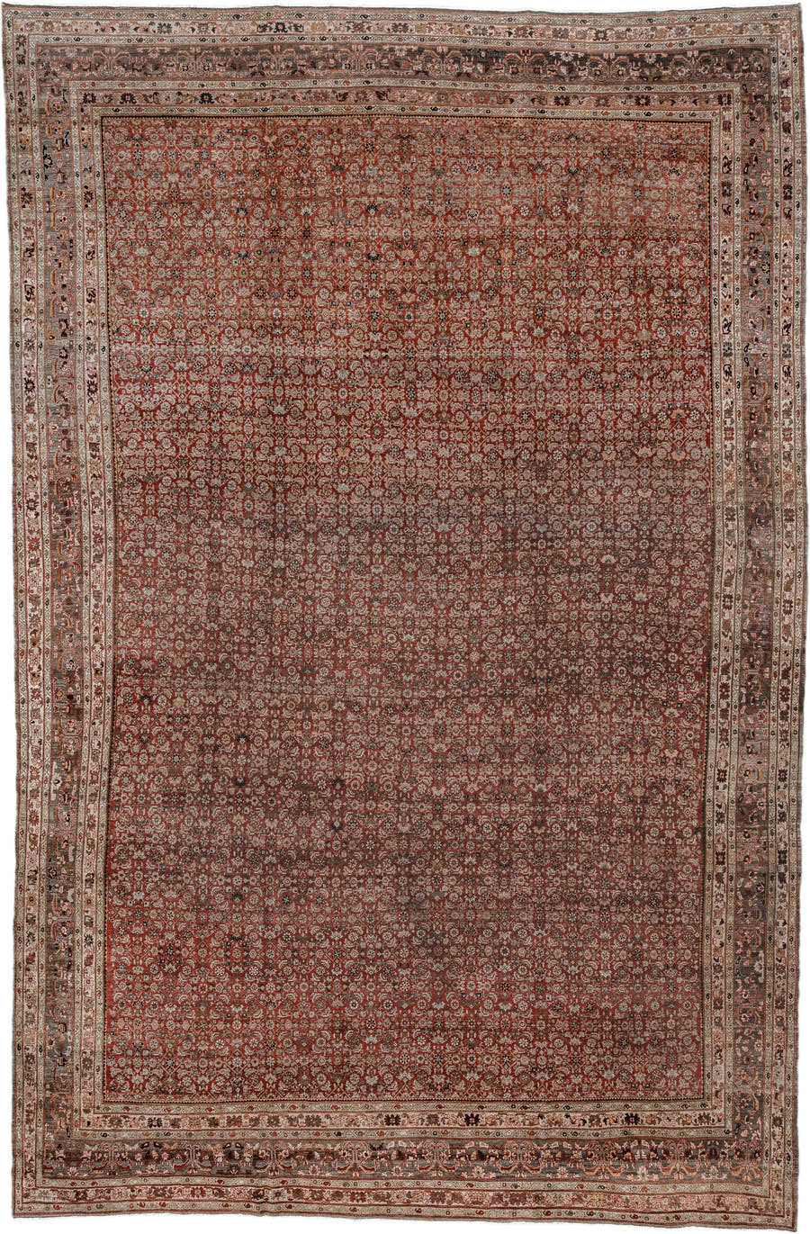 11' x 17' one-of-a-kind handmade antique Bidjar oversize rug. Color palette: rust, ivory, charcoal, slate, rose, taupe