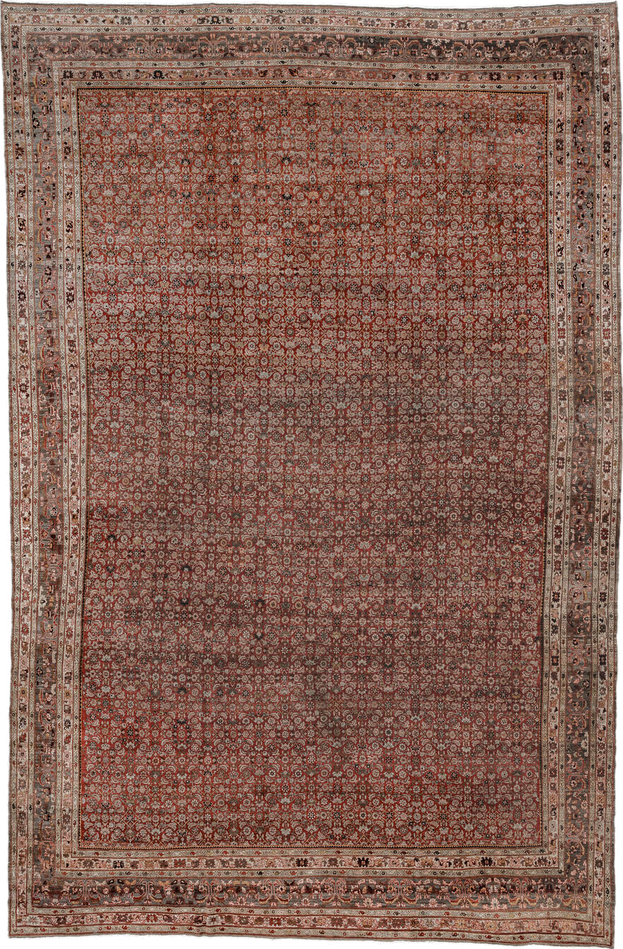 11' x 17' one-of-a-kind handmade vintage Bidjar oversize rug. Color palette: black, brown, gray, light gray, off-white, pink