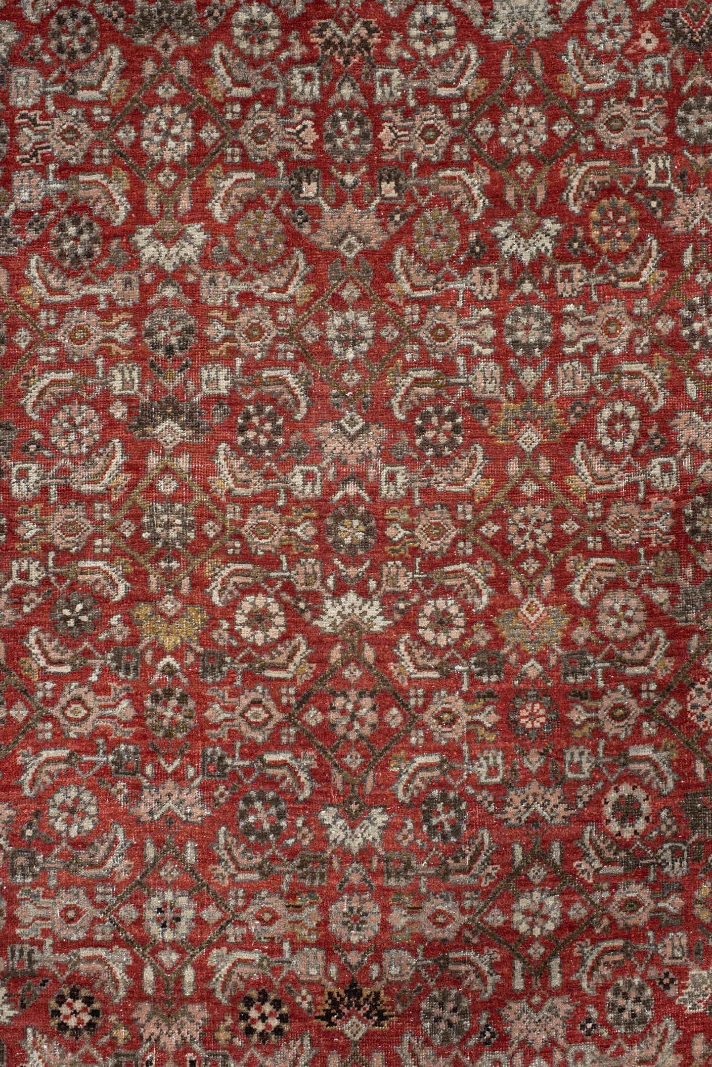 11' x 17' one-of-a-kind handmade antique Bidjar oversize rug. Color palette: rust, ivory, charcoal, slate, rose, taupe