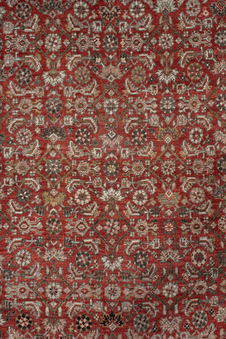 11' x 17' one-of-a-kind handmade antique Bidjar oversize rug. Color palette: rust, ivory, charcoal, slate, rose, taupe
