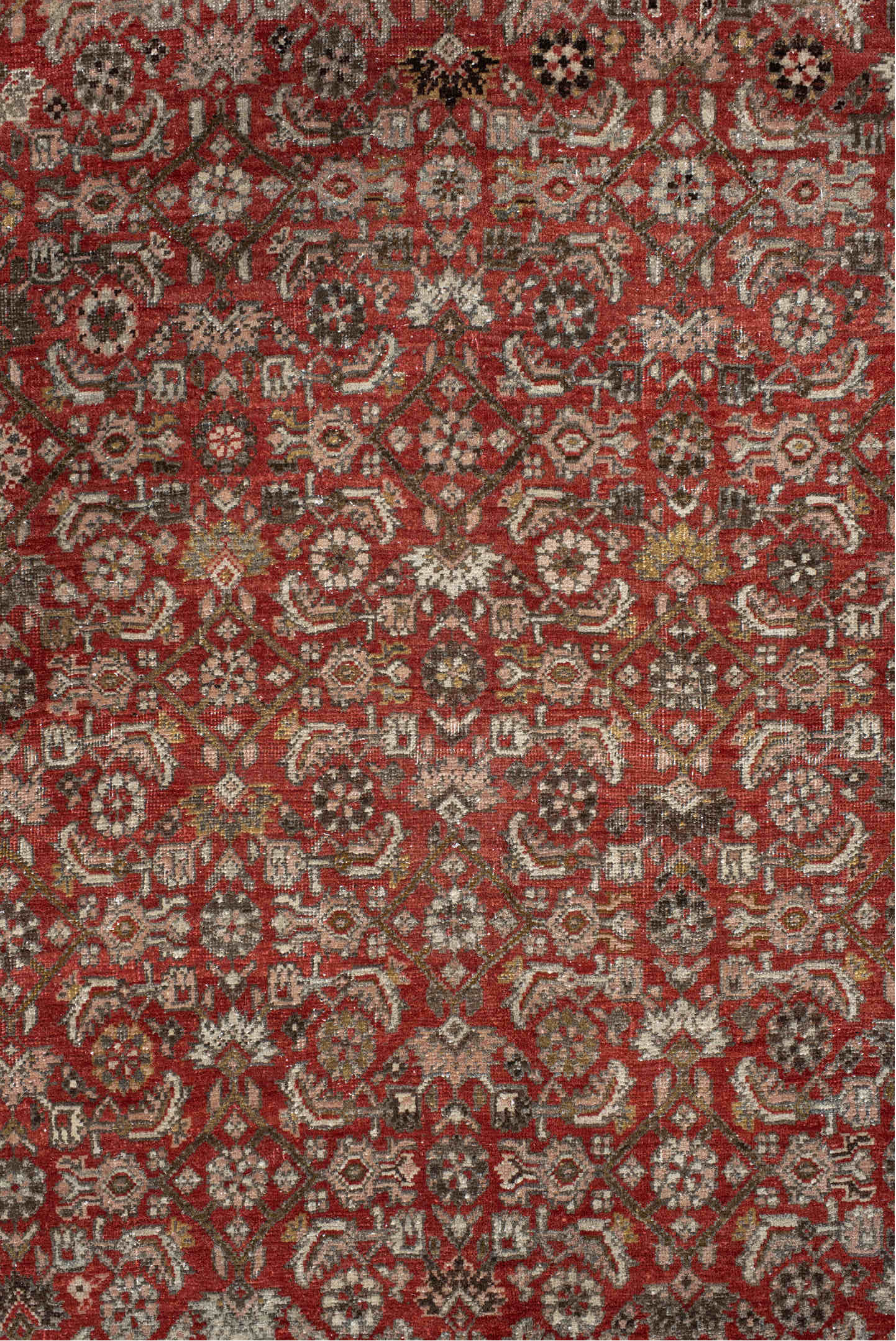 11' x 17' one-of-a-kind handmade vintage Bidjar oversize rug. Color palette: black, brown, gray, light gray, off-white, pink