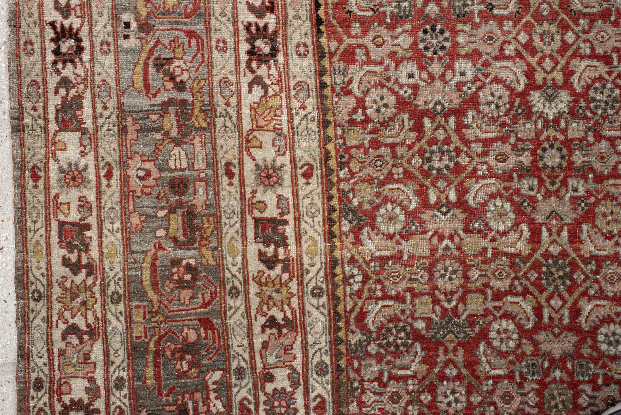11' x 17' one-of-a-kind handmade antique Bidjar oversize rug. Color palette: rust, ivory, charcoal, slate, rose, taupe