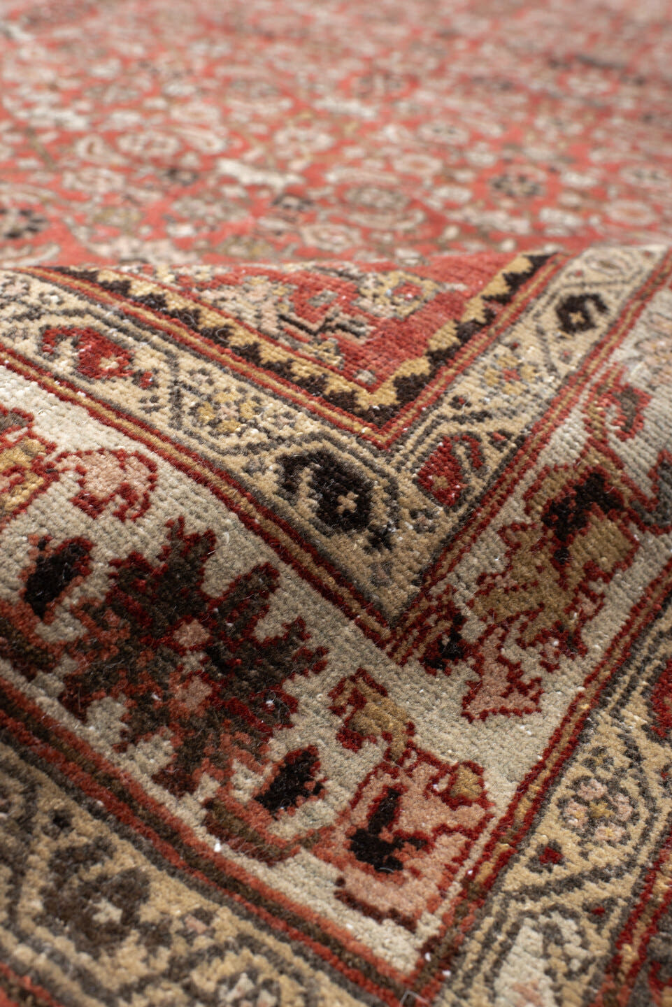11' x 17' one-of-a-kind handmade antique Bidjar oversize rug. Color palette: rust, ivory, charcoal, slate, rose, taupe
