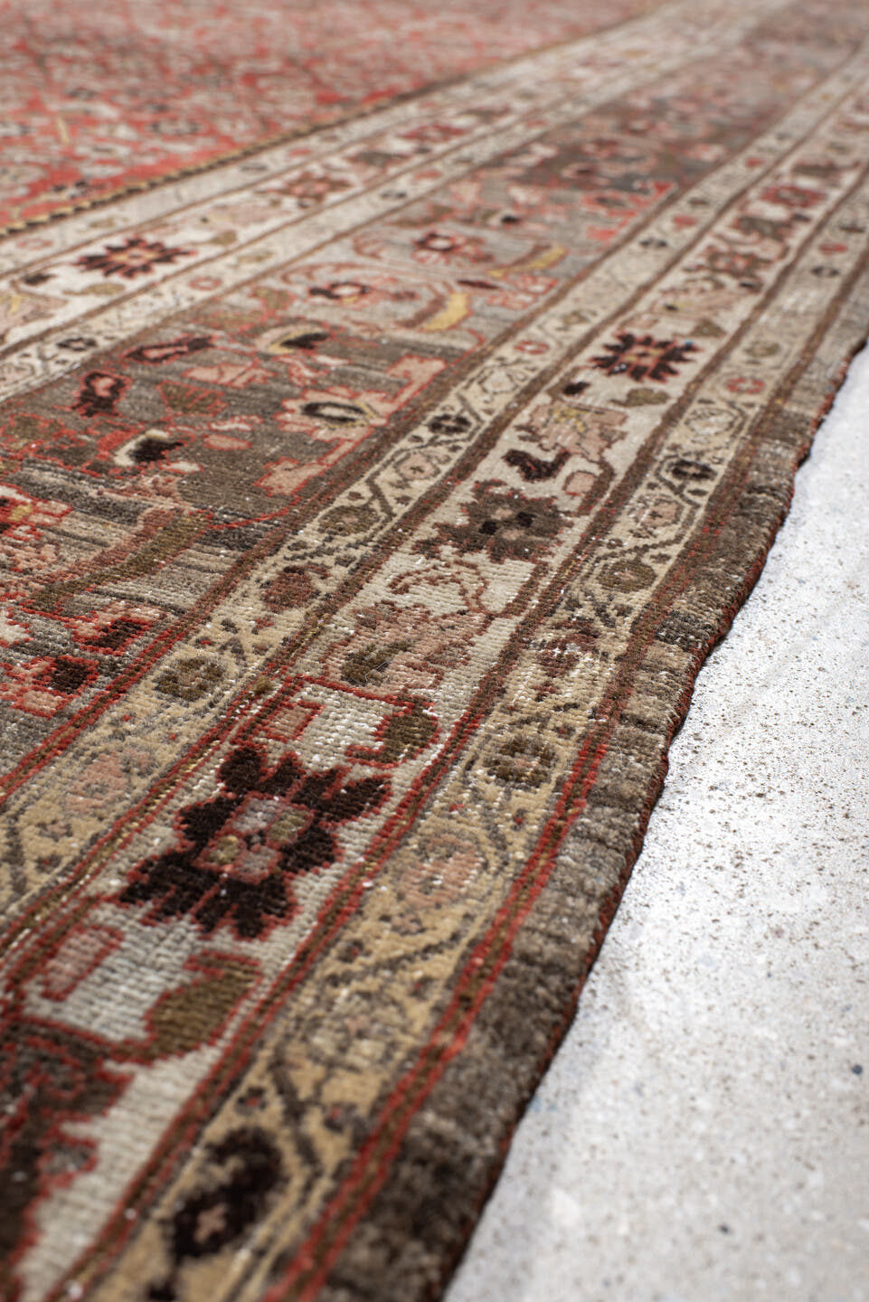 11' x 17' one-of-a-kind handmade antique Bidjar oversize rug. Color palette: rust, ivory, charcoal, slate, rose, taupe