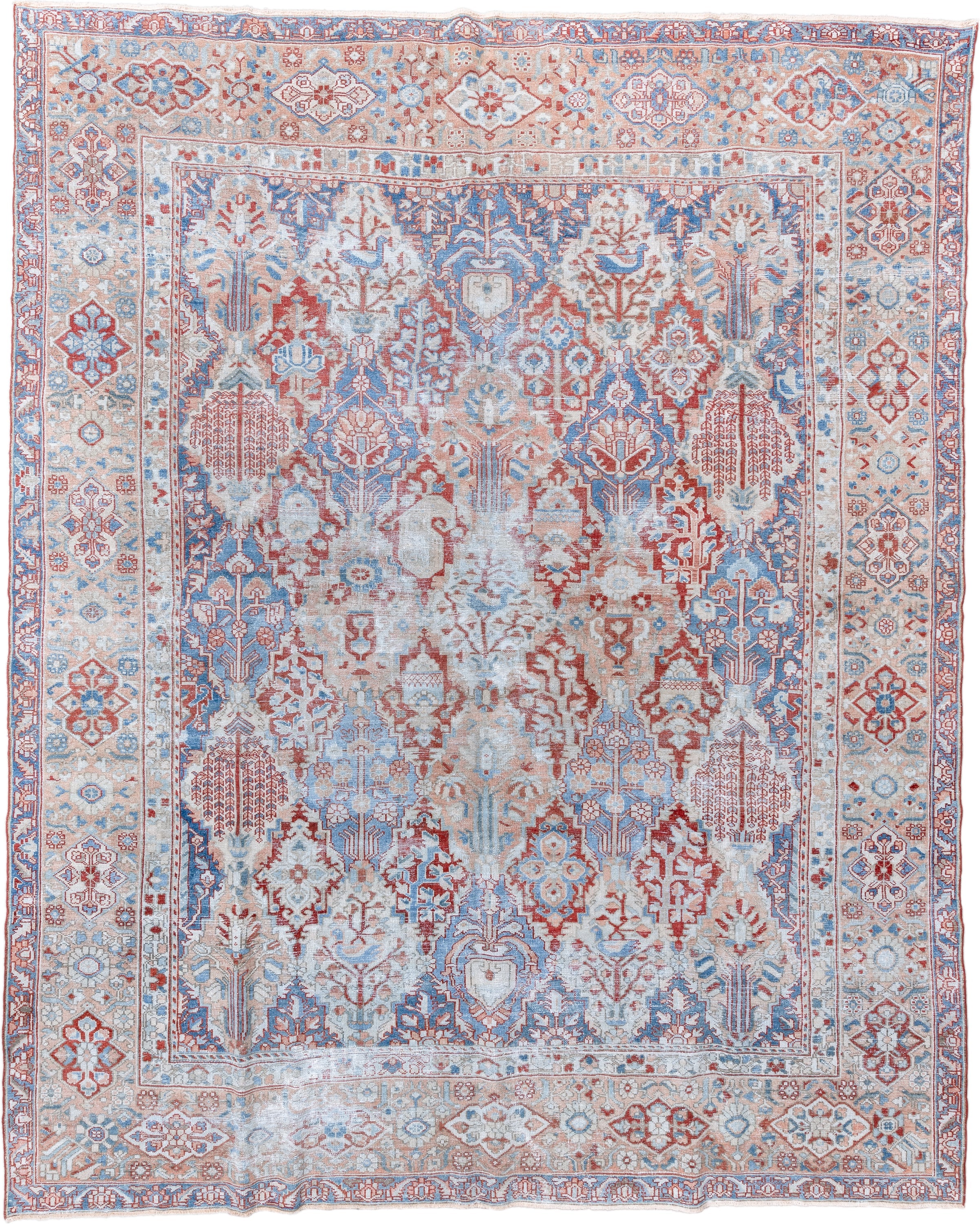 10' x 13' one-of-a-kind handmade vintage Baktiary large size rug. Color palette: ivory, sky blue, rust, coral, powder blue