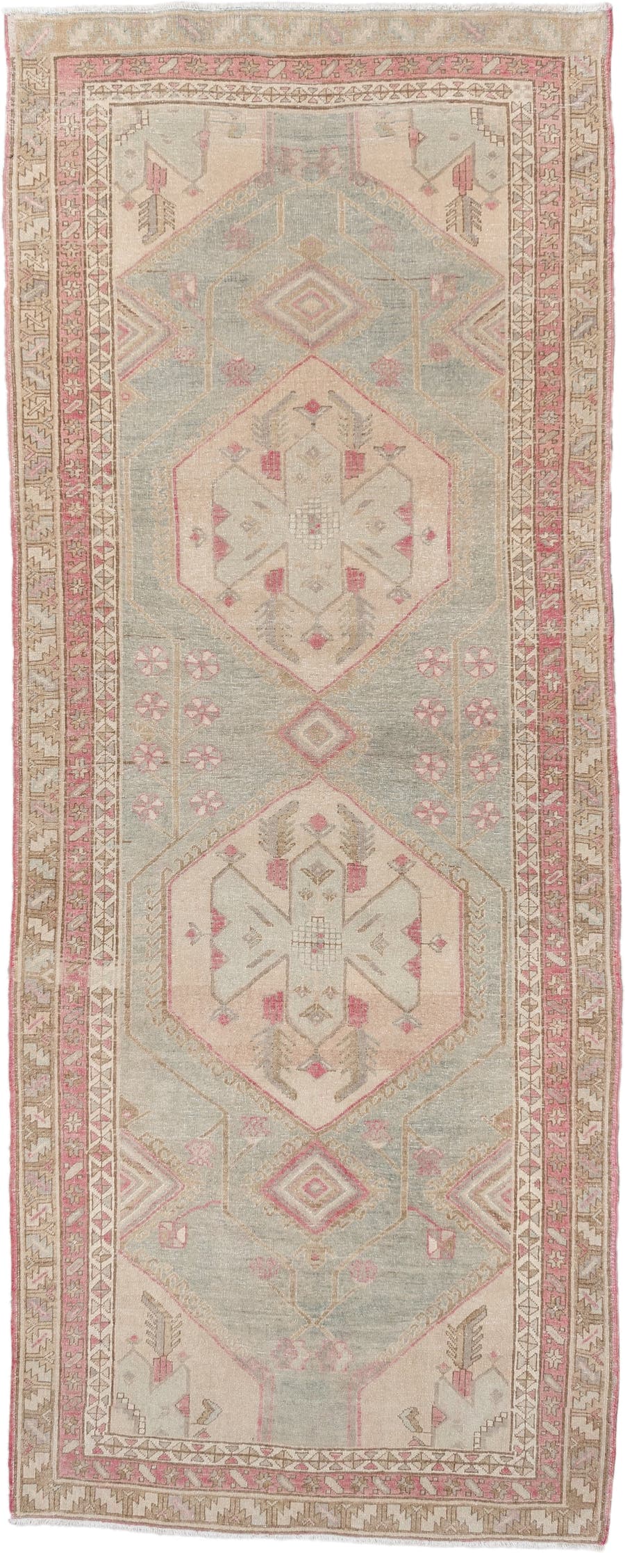 3' x 9' one-of-a-kind handmade antique Sarab runner rug. Color palette: blue gray, ivory, rose, taupe, camel, sage, gray