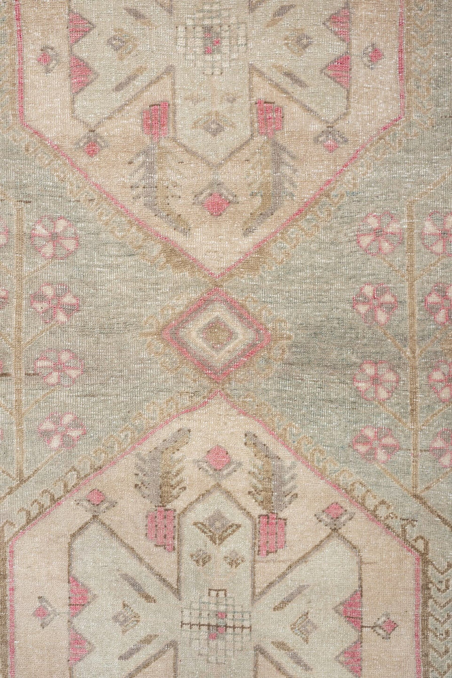 3' x 9' one-of-a-kind handmade antique Sarab runner rug. Color palette: blue gray, ivory, rose, taupe, camel, sage, gray