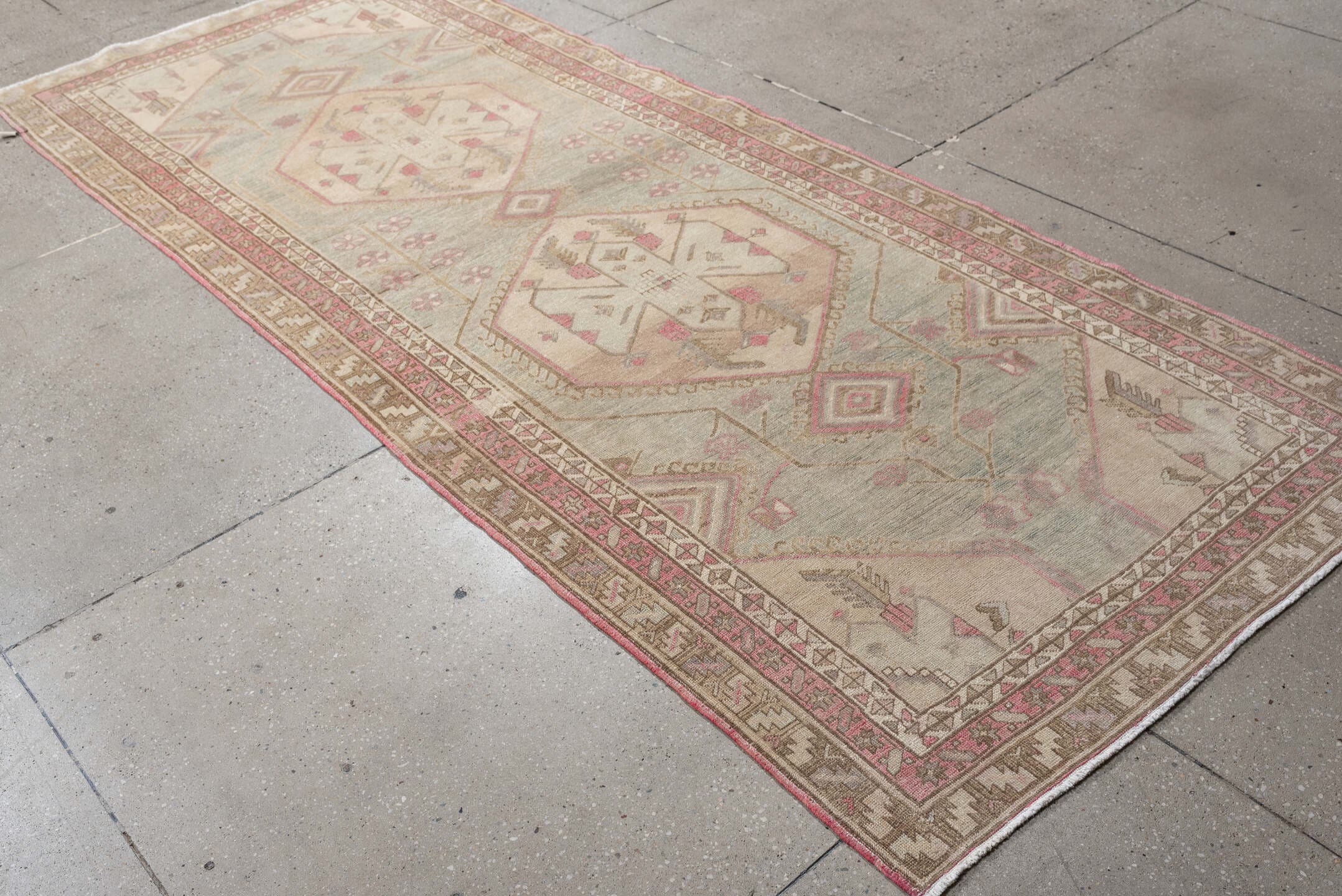3' x 9' one-of-a-kind handmade antique Sarab runner rug. Color palette: blue gray, ivory, rose, taupe, camel, sage, gray