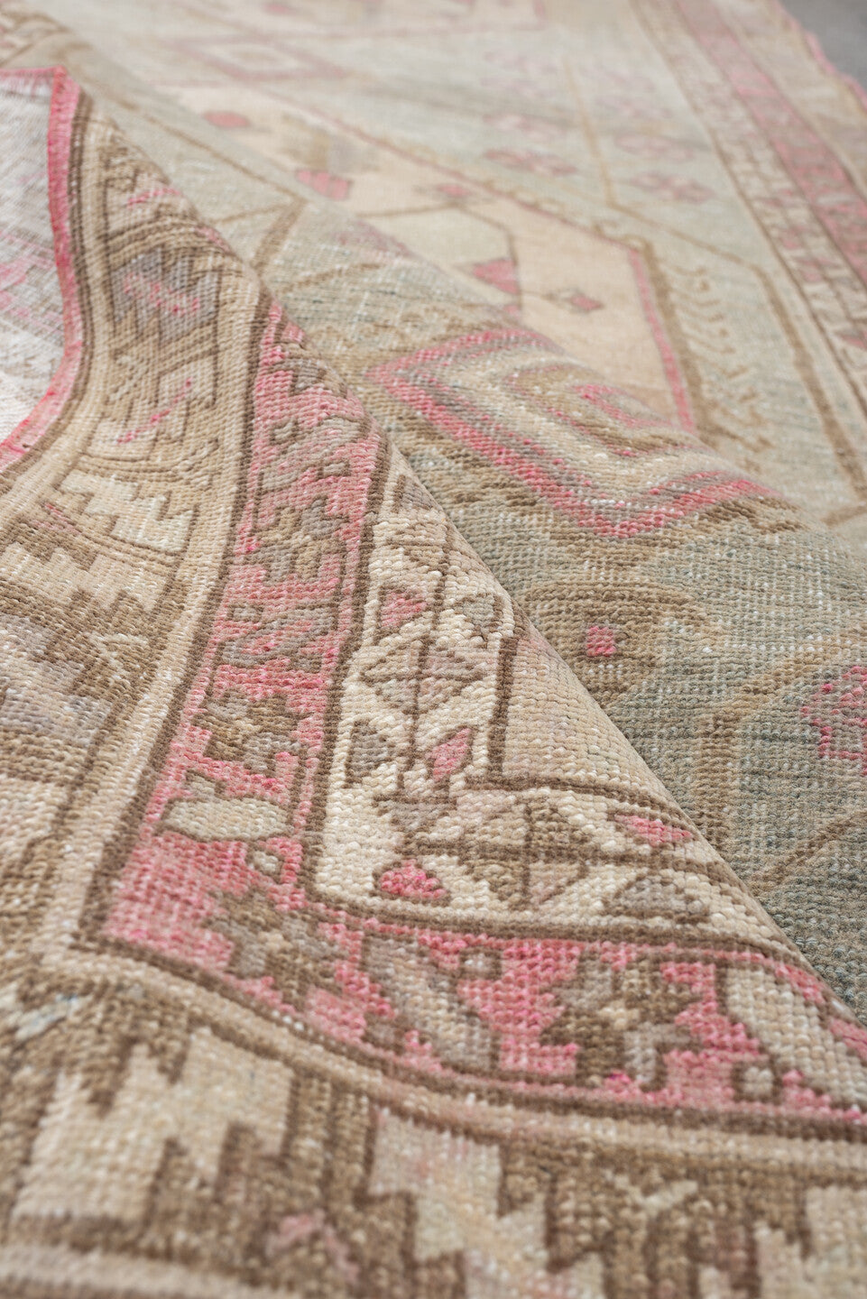3' x 9' one-of-a-kind handmade antique Sarab runner rug. Color palette: blue gray, ivory, rose, taupe, camel, sage, gray